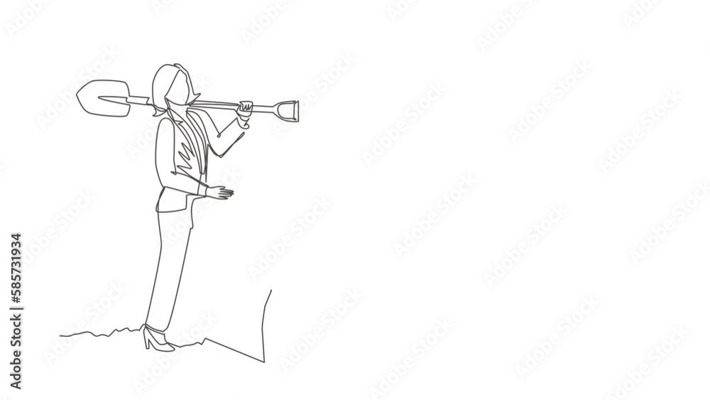 Animated self drawing of continuous line draw businesswoman digging ground with shovel and finding treasure chest. Success business, achievement, and discovery concept. Full length one line animation Animated self drawing of continuous line draw businesswoman digging ground with shovel and finding treasure chest. Success business, achievement, and discovery concept. Full length one line animation