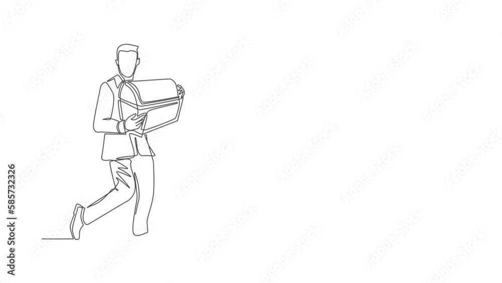 Self drawing animation of single one line draw businessman walking holding treasure chest. Man with treasure box that contained many gold coins. Business. Continuous line draw. Full length animated Self drawing animation of single one line draw businessman walking holding treasure chest. Man with treasure box that contained many gold coins. Business. Continuous line draw. Full length animated