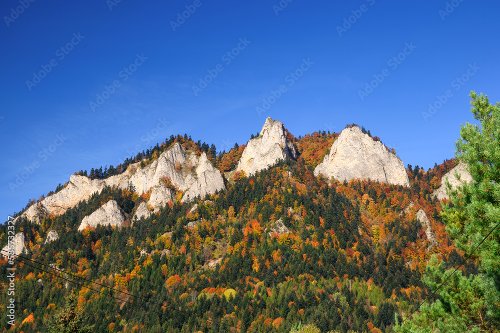 Autumn landscape of the Pieniny Mountains with the Three Crowns  peak. Poland