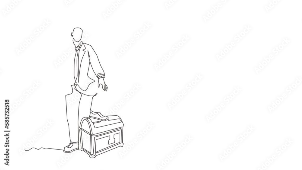Animated self drawing of continuous line draw businessman digging ground with shovel and finding treasure chest. Success business, achievement, and discovery concept. Full length one line animation Animated self drawing of continuous line draw businessman digging ground with shovel and finding treasure chest. Success business, achievement, and discovery concept. Full length one line animation