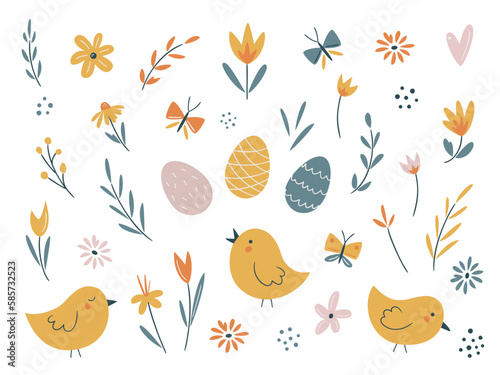 Easter spring set with cute eggs, chicks, flowers, butterflies. Hand drawn flat elements. Perfect for poster, card, scrapbooking , tag, invitation, sticker kit. Vector illustration