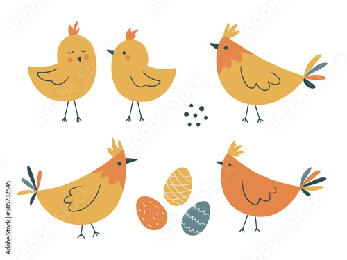 Easter spring set with cute eggs  chicks and hens  chicken. Hand drawn flat elements. Perfect for poster  card  scrapbooking  tag  invitation  sticker kit. Vector illustration