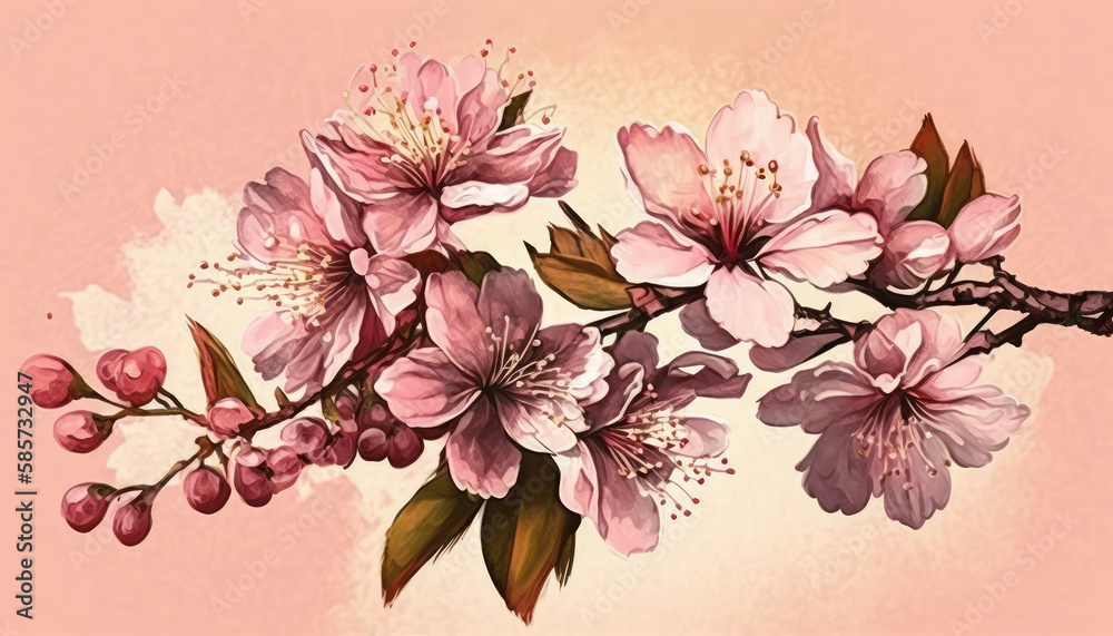 Watercolor pink sakura blooming flowers art print on a pink background. Generative AI