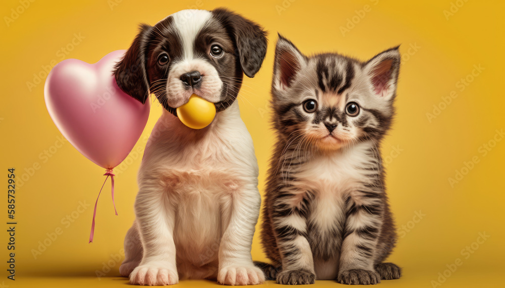 Obraz premium Pet love background with a cat and dog sit next to heart shaped balloon. Generative AI
