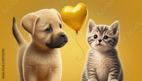 Cute puppy and kitten with a heart balloon - love pets background. Generative AI