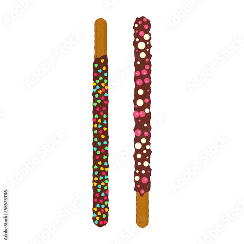 Assorted chocolate chip cookie sticks dipped in sprinkles. Decorated popping candy for Pepero day in Korea. Frosted biscuits with different flavours. Vector illustration