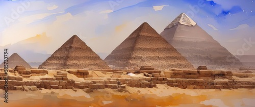 Watercolor drawing of the Giza plateau with the great pyramids in Egypt. Generative AI.