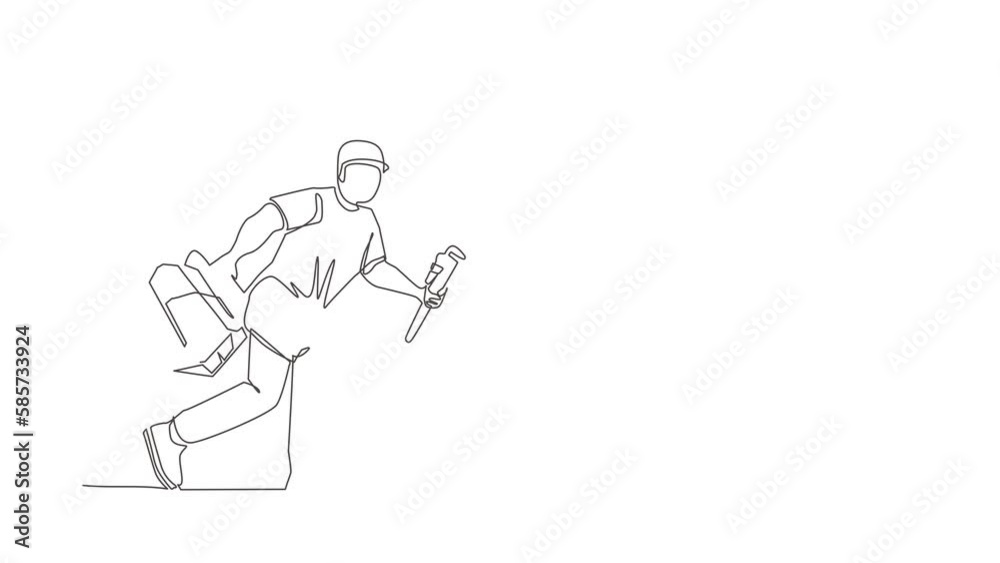 Animated self drawing of continuous line draw mechanic repairman worker with tools is running. Technical service. Plumber with monkey wrench and toolbox run forward. Full length single line animation Animated self drawing of continuous line draw mechanic repairman worker with tools is running. Technical service. Plumber with monkey wrench and toolbox run forward. Full length single line animation