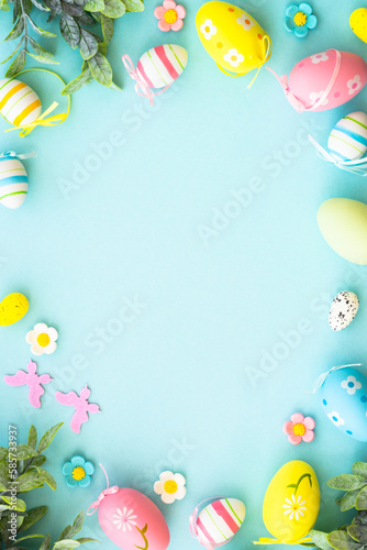 Obraz na płótnie Easter background on blue. Holiday decorations with copy space. w salonie