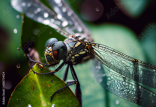 Close-up of a dragonfly that sits on a leaf. AI generated © StockMediaProduction