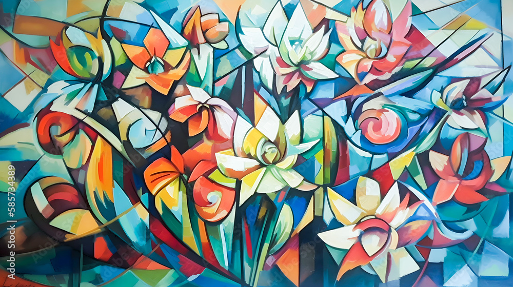 Abstract flowers acrylic painting. Colorful hand painted background, cubism style