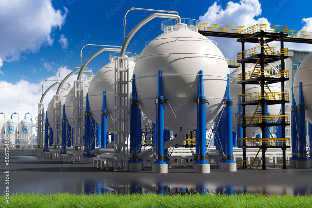 Chemical factory. Hydrogen gas storage tanks. Spherical storage for