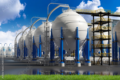 Chemical factory. Hydrogen gas storage tanks. Spherical storage for chemical products. Industrial equipment under blue sky. ASME technology. Hydrogen production. Storage h2. 3d image