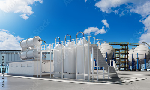 Innovative factory. Territory of modern factory. Environmentally friendly industry. Storage tanks for gas or fuel. Giant industrial tanks near buildings. Industrial plant in summer weather. 3d image