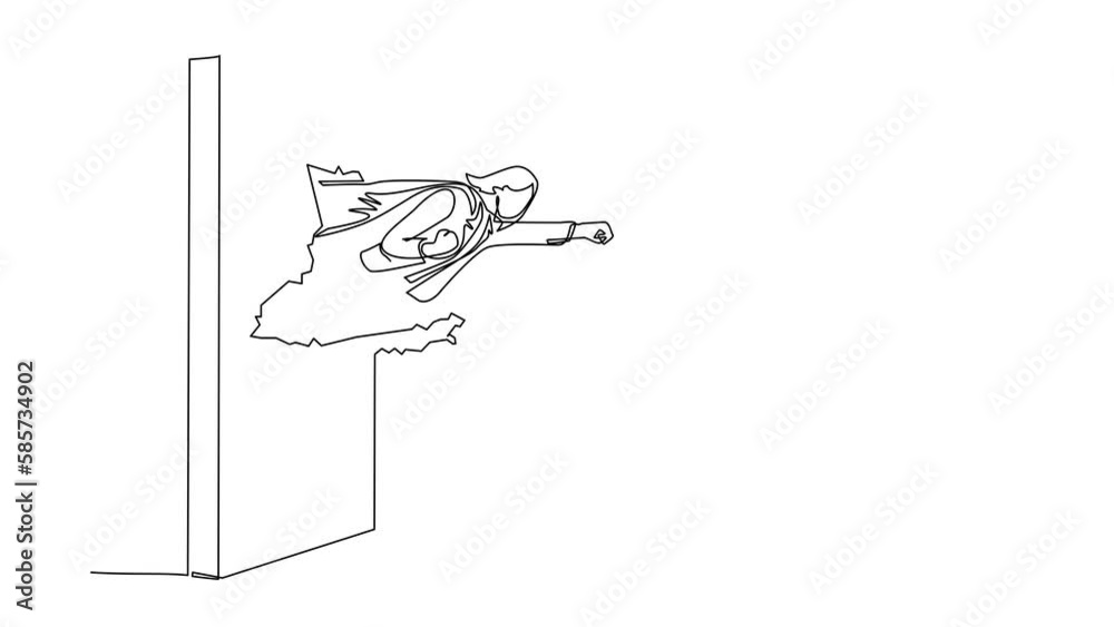 Self drawing animation of single line draw super businesswoman punches breaks wall. Flying breaks wall. Business concept, success and overcome difficulties. Continuous line draw. Full length animated Self drawing animation of single line draw super businesswoman punches breaks wall. Flying breaks wall. Business concept, success and overcome difficulties. Continuous line draw. Full length animated