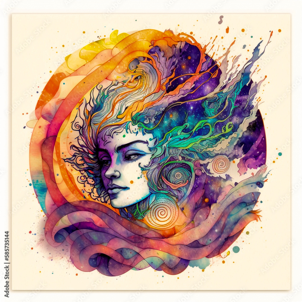 AI generated watercolor illustration. A vibrant female portrait with