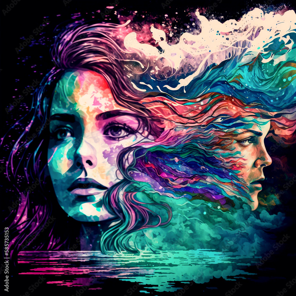 AI generated watercolor illustration. Two faced portrait of bipolar