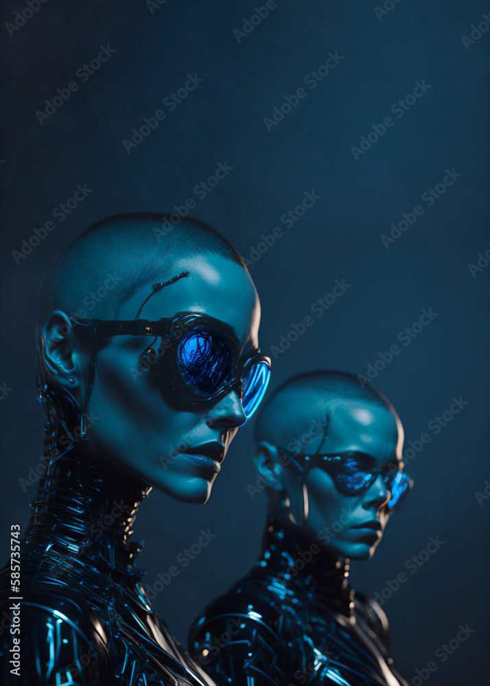 Two futuristic cyborg women in smart and stylized suits for survival in a dystopian world Two futuristic cyborg women in smart and stylized suits for survival in a dystopian world