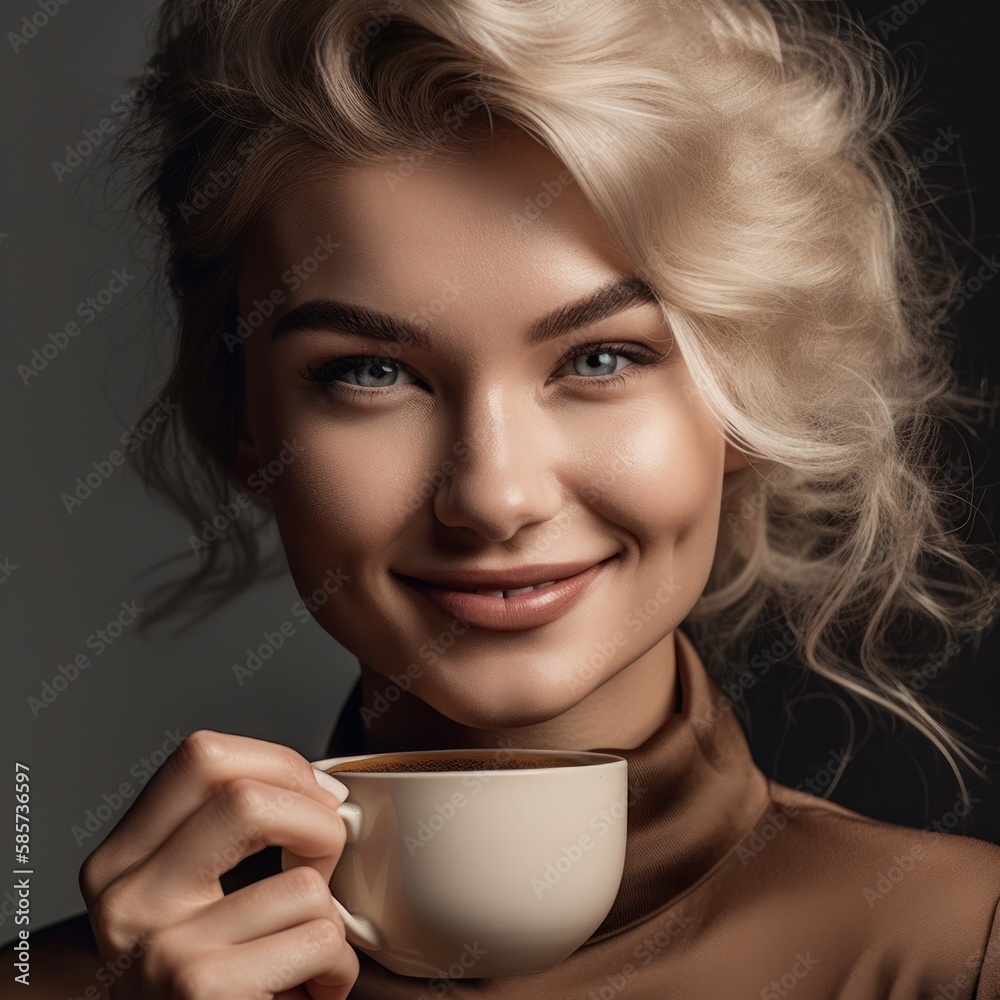 custom made wallpaper toronto digitalWoman is holding a coffee cup and smiling. Concept of warmth and happiness, as the woman is enjoying her coffee