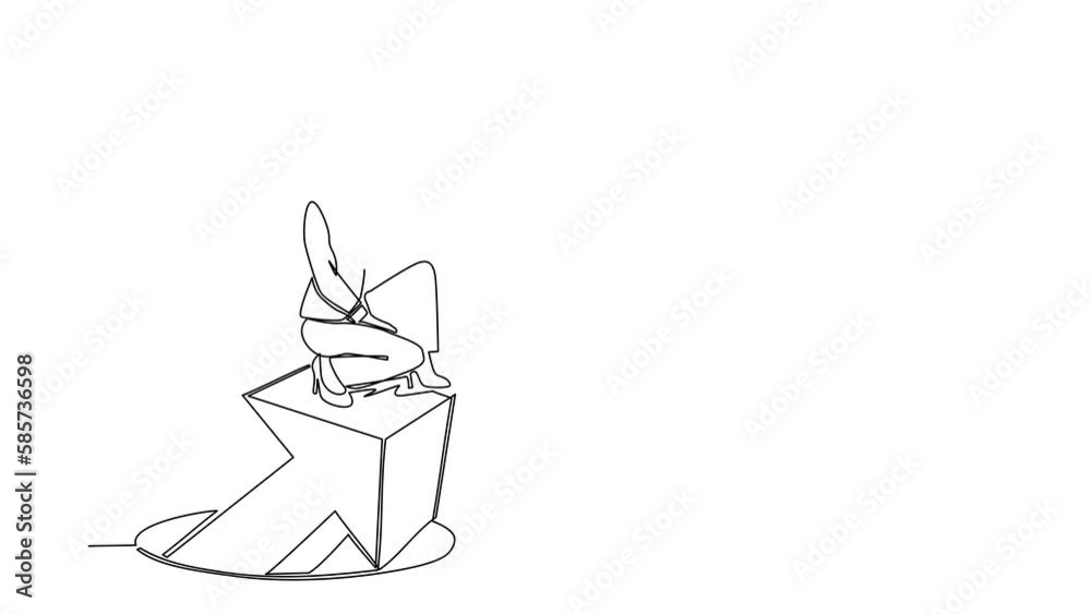 Self drawing animation of single line draw businesswoman standing on arrows coming out of holes. Woman leading financial graph rising. Business growth. Continuous line draw. Full length animated Self drawing animation of single line draw businesswoman standing on arrows coming out of holes. Woman leading financial graph rising. Business growth. Continuous line draw. Full length animated