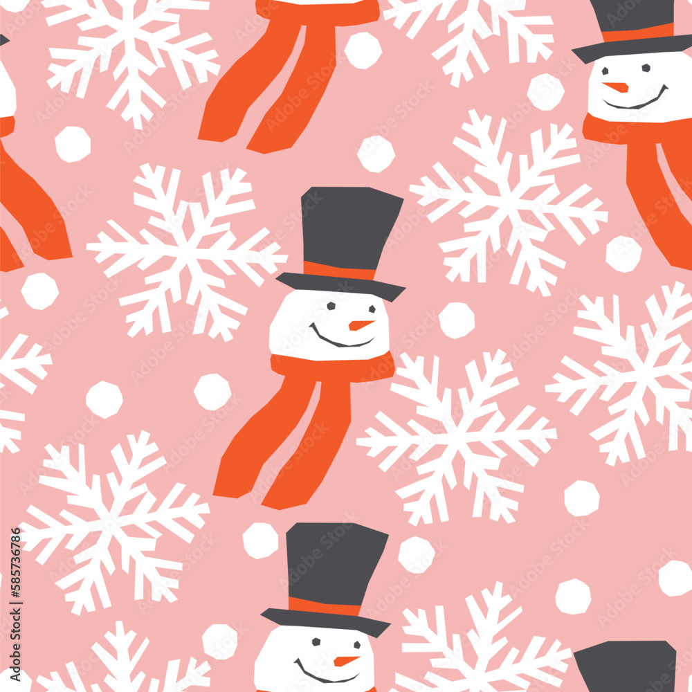 Vector seamless Christmas pattern with snowmen and snowflakes