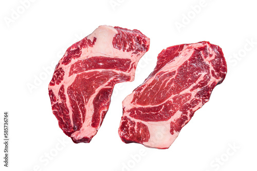 Raw chuck eye roll steaks premium beef meat.  Isolated, transparent background. photo
