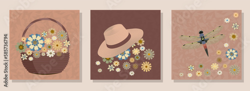 Triptych. Simple flowers, basket, straw hat, dragonfly, brown and beige background. Vector illustration