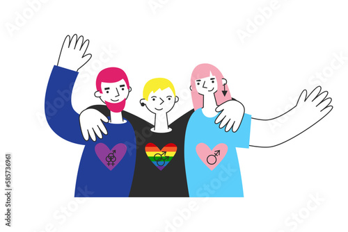 Three lgbt people stand and hug with heart in flag colors. Gay, bisexual and transgender together celebrate pride month.