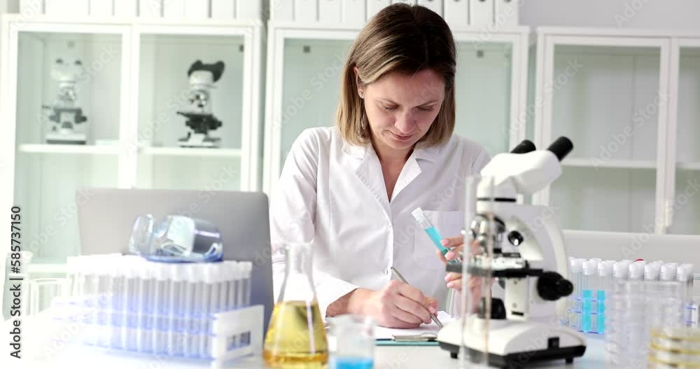 Woman makes notes after examining blue liquid in tube Woman makes notes after examining blue liquid in tube