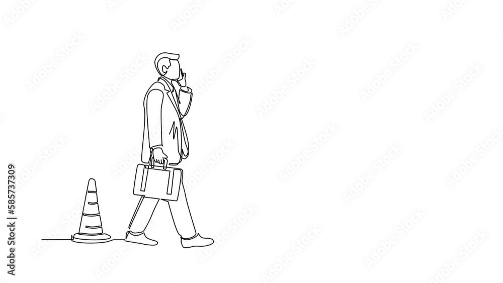 Self drawing animation of single one line draw businessman talking on cell phone and he does not see the hole in front. Man walks to business trap. Metaphor. Continuous line draw. Full length animated Self drawing animation of single one line draw businessman talking on cell phone and he does not see the hole in front. Man walks to business trap. Metaphor. Continuous line draw. Full length animated
