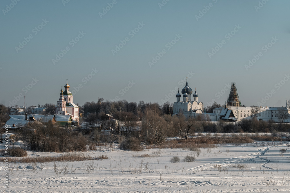 Winter view of the Cathedral of the Nativity of the Blessed Virgin Mary and Ilyinskaya Church in Suzdal, Vladimir region