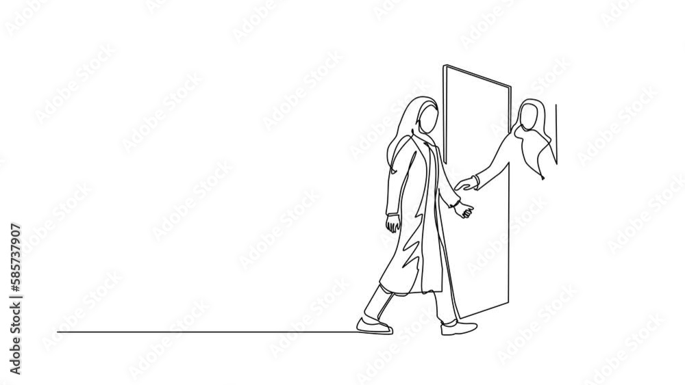 Animated self drawing of continuous line draw businesswoman at door welcomes her friend in. Woman is inviting her friend to get into her house. Hospitality concept. Full length single line animation Animated self drawing of continuous line draw businesswoman at door welcomes her friend in. Woman is inviting her friend to get into her house. Hospitality concept. Full length single line animation