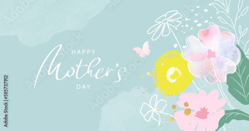 Happy Mother's Day.Background with beautiful hand drawn flowers and watercolor.