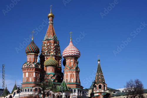 St. Basil's Cathedral on Red Square in Moscow Russia against blue cloudless sky