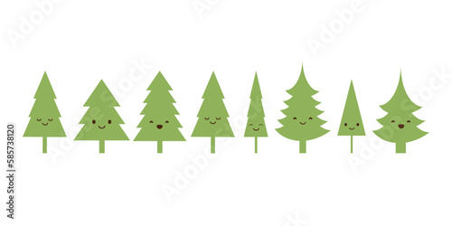 Row of Many Cute Pine Tree Characters - Simple Icons of Green Trees, Plants, Forest - Minimalist Vector Design Set, Clip-Art Collection of Tree Emoji for Web, Apps and Social Media, Instant Messaging