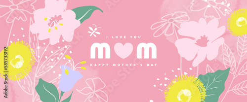 Mother's day card, banner, poster.I love you mom,happy mother's day.Beautiful background with hand drawn flowers,butterfly and watercolor texture.Vector illustration.
