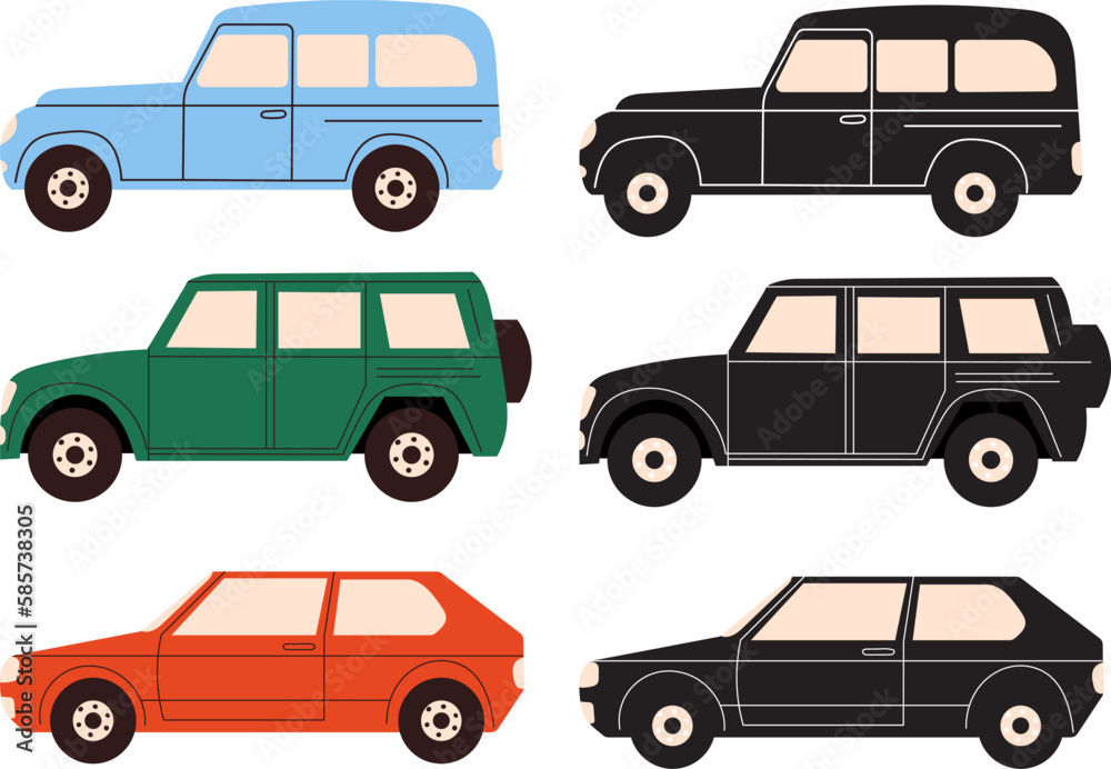 set of cars in doodle style isolated vector
