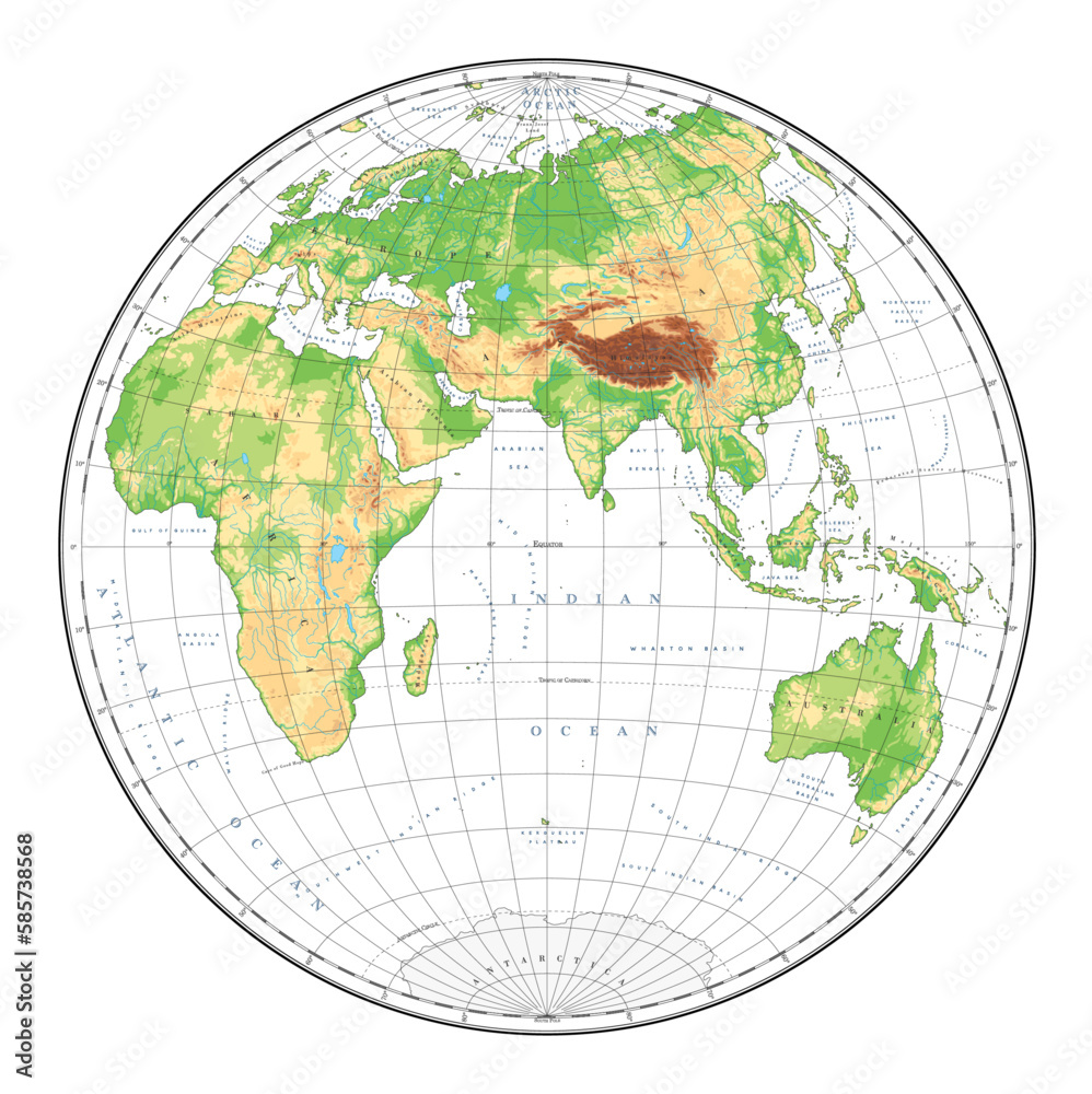 Highly detailed physical World Map in globe shape of Earth. Nicolosi globular projection – flat.