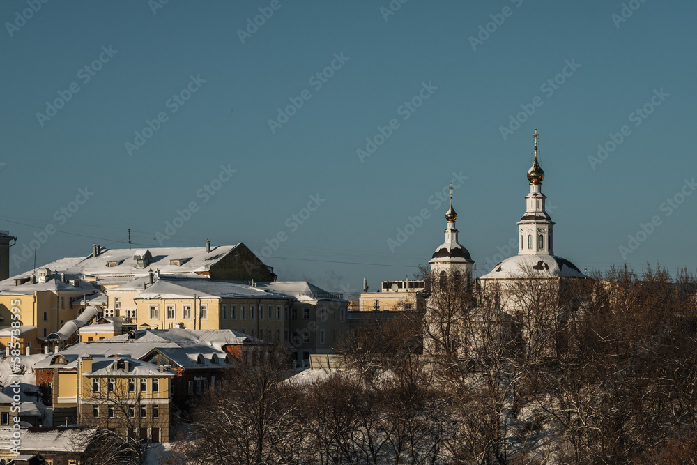 Winter view of temples in Vladimir in severe frost