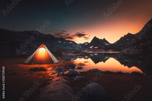 Night camping in mountains under starry sky and Milky way. Generative AI