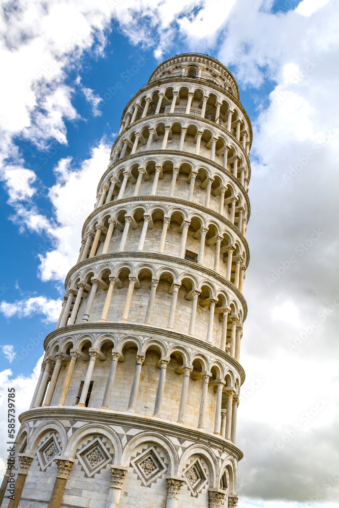 White leaning tower of Pisa on the bright sky background