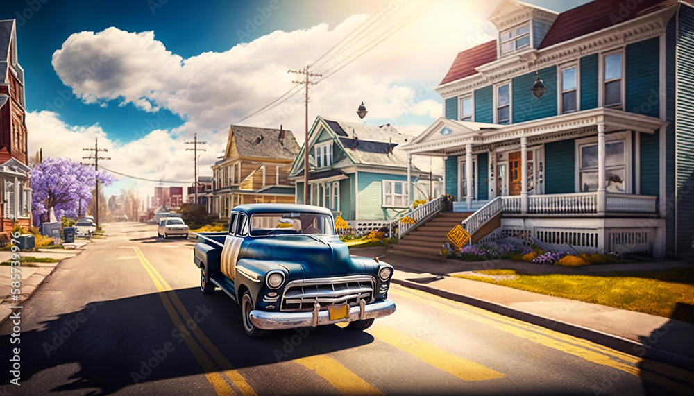 Obraz premium Pickup truck driving through town. Generative AI