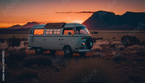 Van car camper at sunset. Generative AI © Andrii 