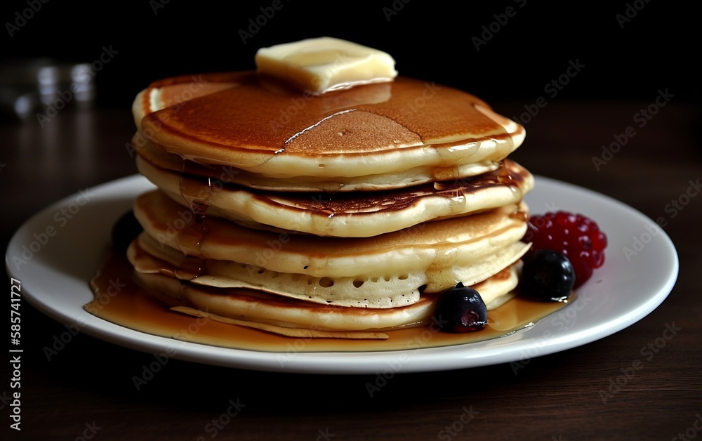 Stack of pancakes with syrup and butter. Generative AI technology. Stack of pancakes with syrup and butter. Generative AI technology.