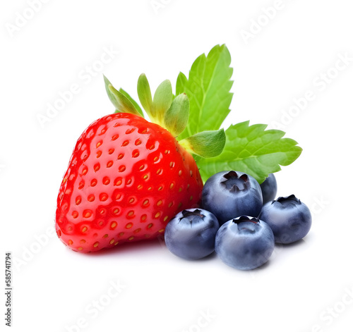 Strawberry and blueberries on white backgrounds. AI generated.