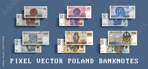 Vector pixel mosaic banknotes of Poland. Bills in denominations of 10, 20, 50, 100, 200 and 500 zlotys. Polish notes.