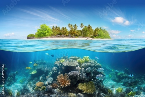 Tropical island and coral reef split view with waterline photo