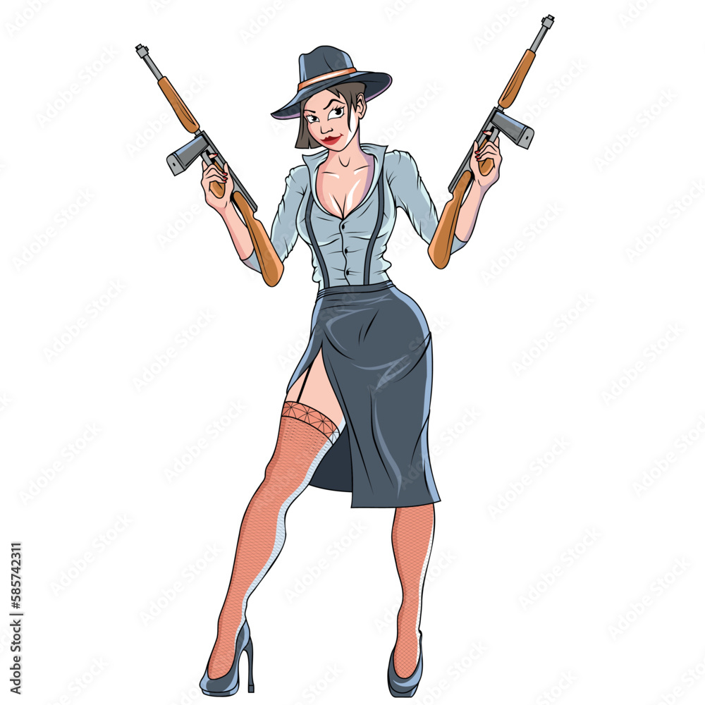 Female Gangster. Vector Illustration of a Women with a Weapon. Pretty Gangster Girl Female Gangster. Vector Illustration of a Women with a Weapon. Pretty Gangster Girl