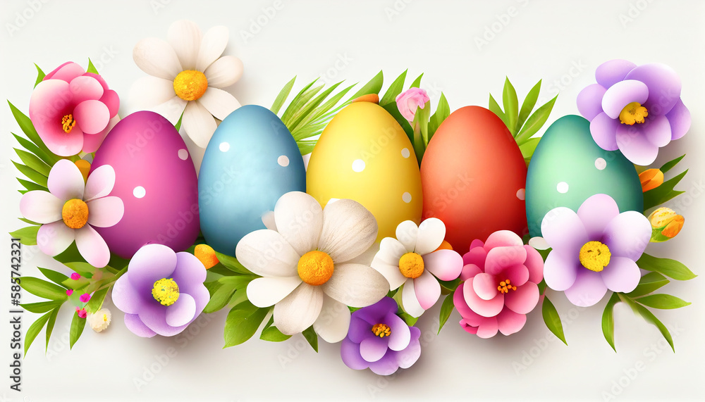 Happy Easter banner with a row of colorful Easter eggs and multicolored flowers, generative AI