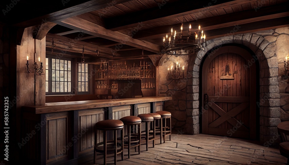 A rustic-themed bar with reclaimed wood walls, wrought iron chandeliers, and stone accents.